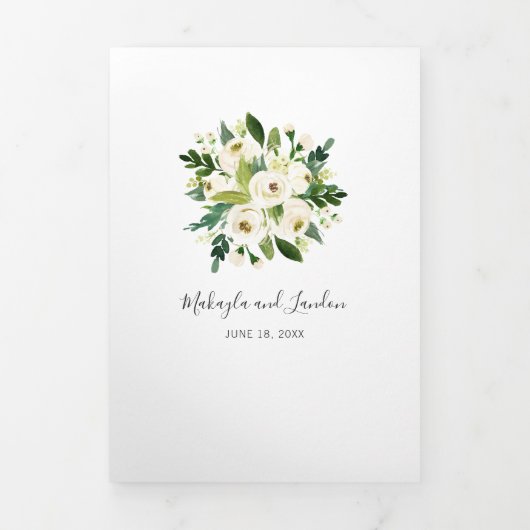 Elegant White Waterverf Rozen Greenery Wedding Drieluik Uitnodiging (Cover)
