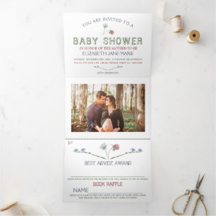 Elegant White, Wildflower Baby shower Suite Drieluik Uitnodiging