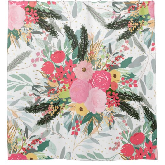 Elegant White Winter Floral & Gold Glitter Stippen Douchegordijn (Voorkant)