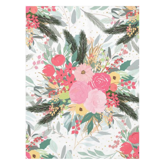 Elegant White Winter Floral & Gold Glitter Stippen Tafelkleed (Voorkant)