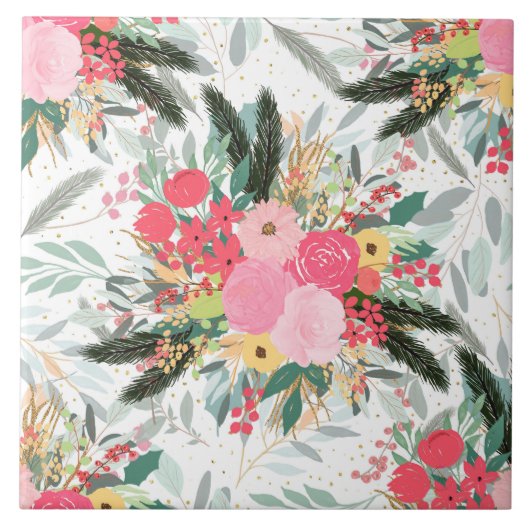 Elegant White Winter Floral & Gold Glitter Stippen Tegeltje (Voorkant)