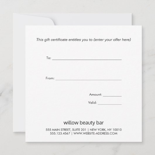 Elegant White Wood Script Font Cadeaubon (Achterkant)