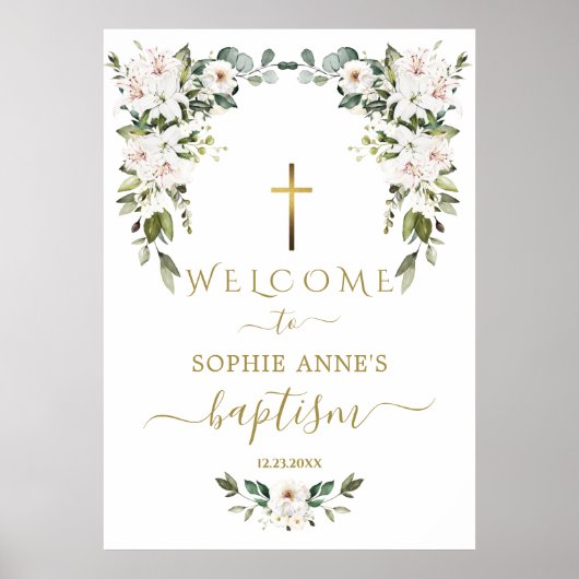 Elegant WhiteLily Wild Rose Welcome Baptism Sign Poster (Voorkant)