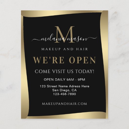 Elegant Wij zijn Open Salon Zwart Goud Minimalist Flyer (Achterkant)