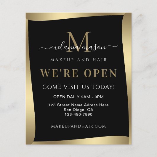 Elegant Wij zijn Open Salon Zwart Goud Minimalist Flyer (Voorkant)