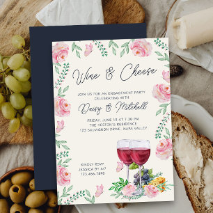 Elegant wijn- en kaasbloem engagementparty kaart
