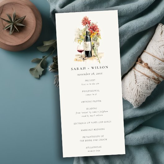 Elegant Wijn Rood Geel Bloemen Bruiloft Programma