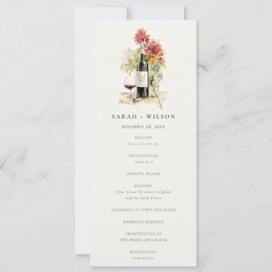 Elegant Wijn Rood Geel Bloemen Bruiloft Programma (Voorkant)