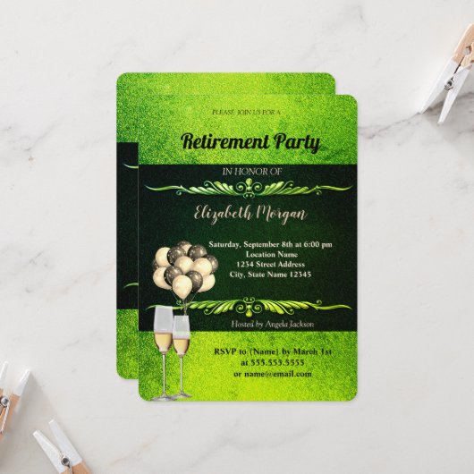 Elegant wijnglas, ballonnen, groen pensioen kaart (Voorkant / Achterkant in situ)