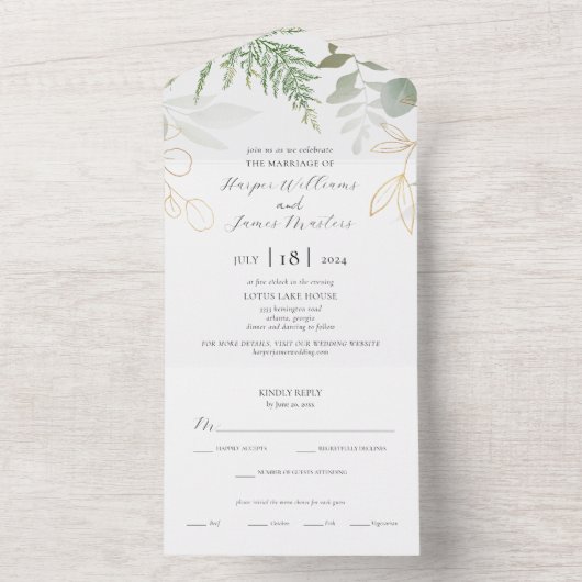 Elegant Wild Fern Greenery Wedding All In One Uitnodiging (Binnen)