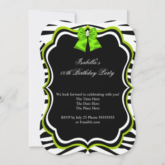 Elegant Wild Zebra Lime Green Diamond Party Kaart (Achterkant)