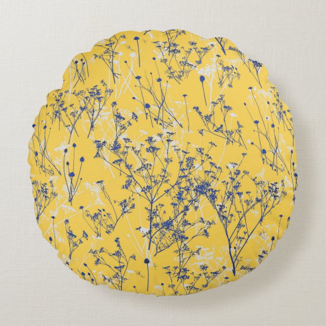 Elegant Wildbloemen op Mustard Yellow Rond Kussen (Voorkant)