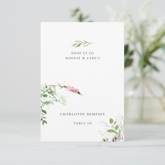 Elegant Wilde Bloem Botanische Floral Wedde Plaats Kaart (Staand voorkant)