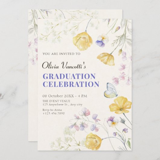 Elegant wilde bloemen afstuderen kaart (Voorkant / Achterkant)