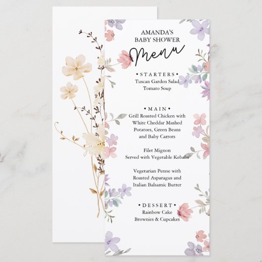 Elegant Wilde Bloemen Baby shower Menu (Voorkant / Achterkant)