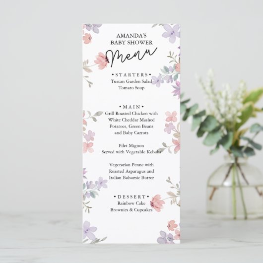 Elegant Wilde Bloemen Baby shower Menu (Staand voorkant)