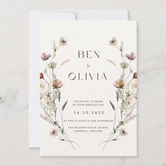 Elegant wilde bloemenbruiloft kaart (Voorkant)