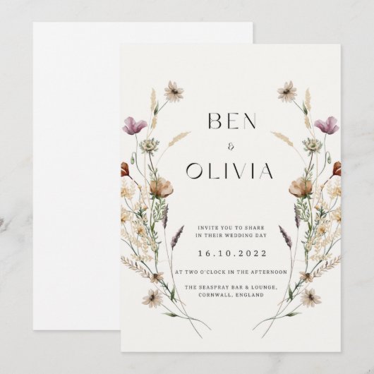 Elegant wilde bloemenbruiloft kaart (Voorkant / Achterkant)