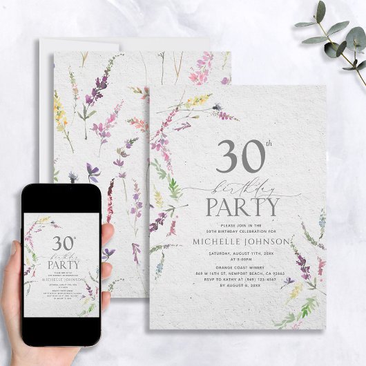 Elegant Wilde Waterverf Floral 30th Birthday Kaart