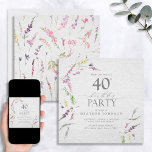 Elegant Wilde Waterverf Floral 40e verjaardag Kaart<br><div class="desc">Moderne, elegante vierkant 40e verjaardagsuitnodiging (bewerkbaar voor de leeftijd) met waterverf wildbloemmotieven in zachte tinten van wazige roze, lila en lavender, geelblazen, blauwe en delicate groene botanische bladeren. Geef uw details een persoonlijk tintje in zacht-zwart, voorzien van mooie moderne, met de hand geschreven kalligrafie. De ontwerper van het contact voor...</div>