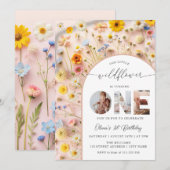 Elegant Wildflower 1st Birthday Photo Kaart (Voorkant / Achterkant)