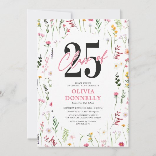 Elegant Wildflower 2025 Afstudeerfeest Kaart (Voorkant)
