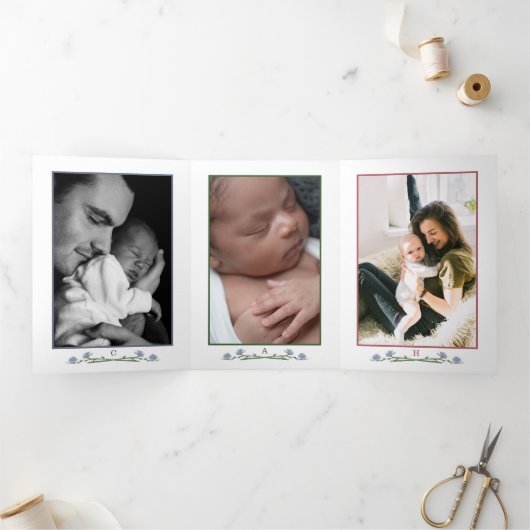 Elegant Wildflower, 3 Foto Collage Baby Birth Drieluik Aankondiging (Binnen)