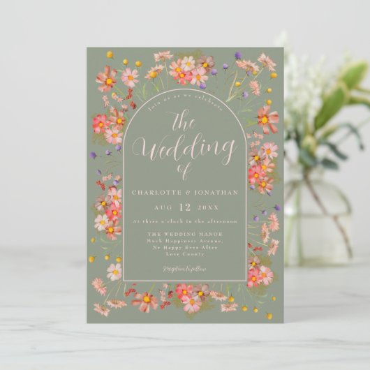 Elegant Wildflower Arch Sage Green Blush Wedding Kaart (Staand voorkant)