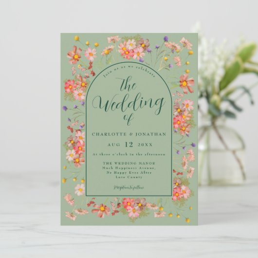 Elegant Wildflower Arch Sage Green Wedding Kaart (Staand voorkant)