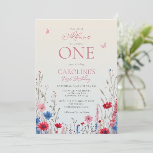 Elegant Wildflower Baby Meisje 1e Verjaardag Kaart (Staand voorkant)