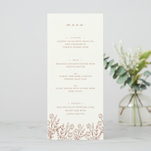 Elegant Wildflower Beige Bruiloft Diner Menu (Staand voorkant)