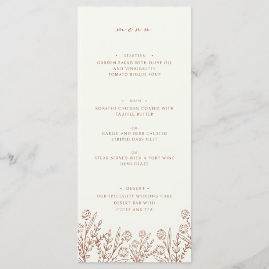 Elegant Wildflower Beige Bruiloft Diner Menu (Voorkant)