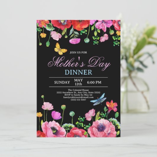 Elegant Wildflower Black Chic Moederdag Diner Kaart (Staand voorkant)