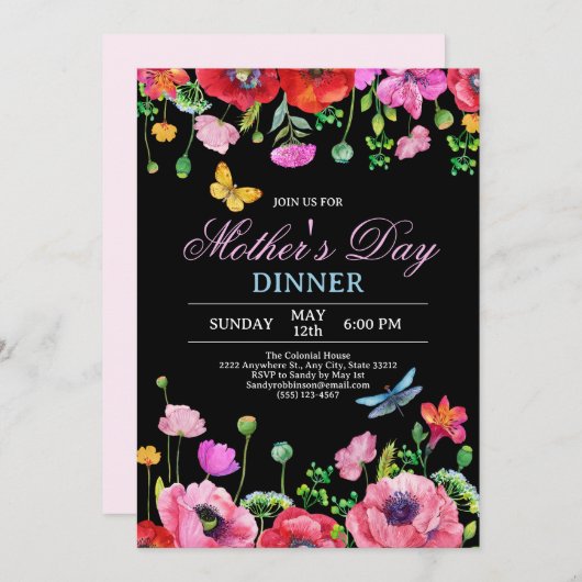 Elegant Wildflower Black Chic Moederdag Diner Kaart (Voorkant / Achterkant)