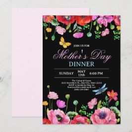 Elegant Wildflower Black Chic Moederdag Diner Kaart