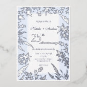 Elegant wildflower blauw en Zilver Jubileum Folie Uitnodiging (Voorkant)