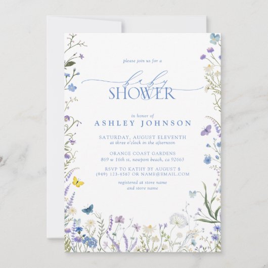 Elegant Wildflower Blauw Genderneutraal Baby showe Kaart (Voorkant)