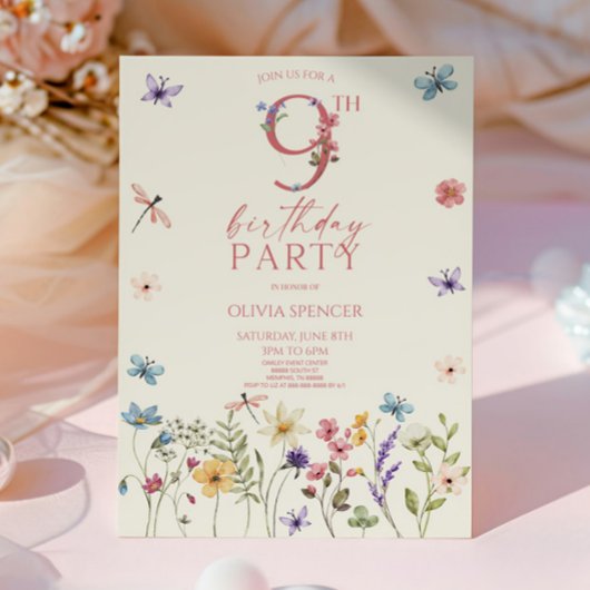 Elegant Wildflower Bloemen 9e Verjaardagsfeest Kaart