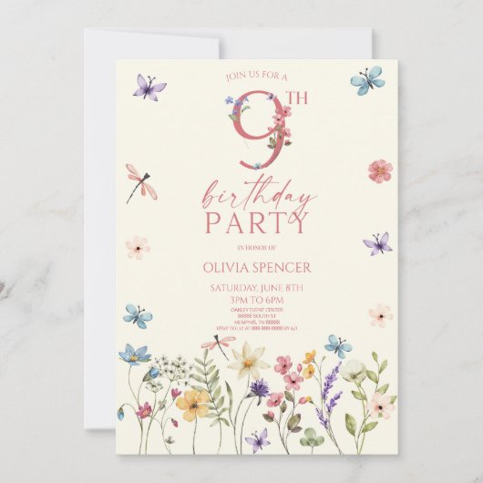 Elegant Wildflower Bloemen 9e Verjaardagsfeest Kaart (Voorkant)