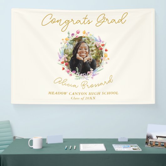 Elegant Wildflower Bloemen Afstuderen Foto Spandoek (Beurs)