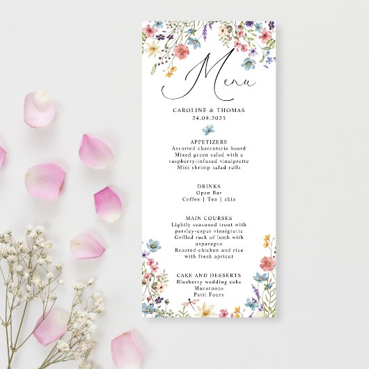 Elegant Wildflower Bloom Script Bruiloft Menu
