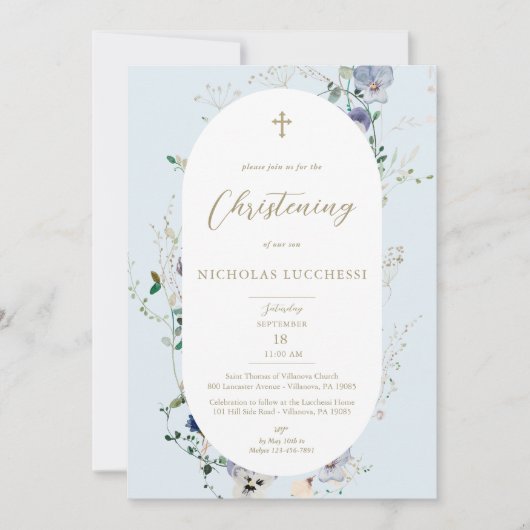 Elegant Wildflower Blue Oval Lijst Boy Christening Kaart (Voorkant)