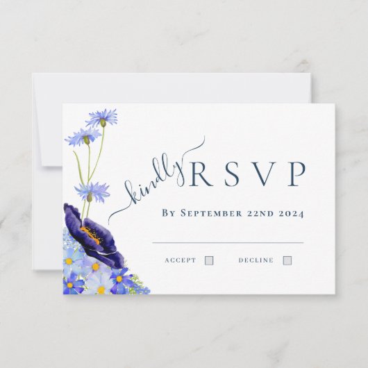 Elegant Wildflower Blue Wedding Reactie RSVP Kaartje (Voorkant)