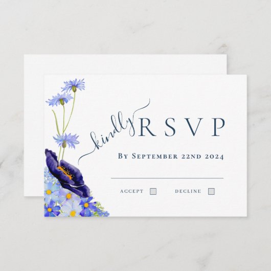 Elegant Wildflower Blue Wedding Reactie RSVP Kaartje (Voorkant / Achterkant)