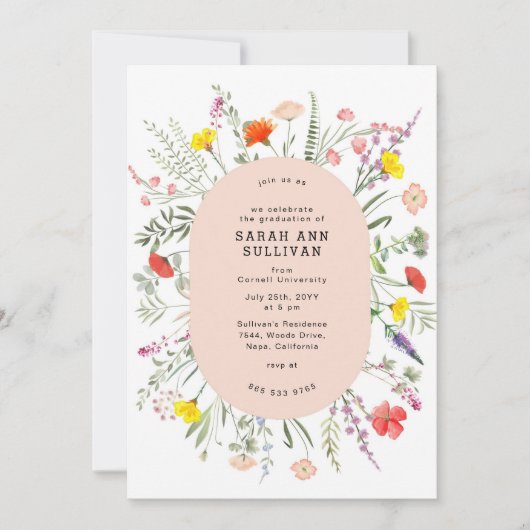 Elegant Wildflower Blush Lijst Afstuderen uitnodig Kaart (Voorkant)