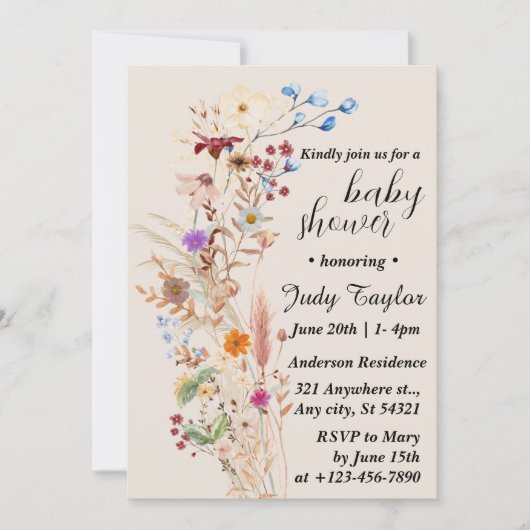 Elegant Wildflower Boho Baby shower Kaart (Voorkant)