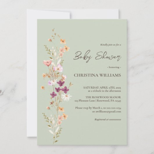 Elegant Wildflower Boho Sage Baby shower Kaart (Voorkant)