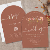 Elegant Wildflower Boho Terracotta QR Code Wedding Kaart