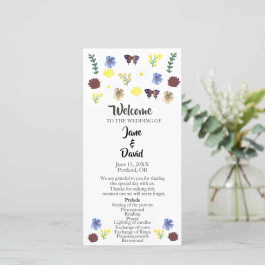 Elegant Wildflower Boho Witte Huwelijksprogramma (Staand voorkant)