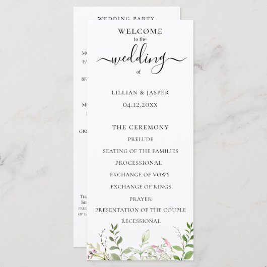 Elegant Wildflower Botanical Wedding Programme Programmakaart (Voorkant / Achterkant)